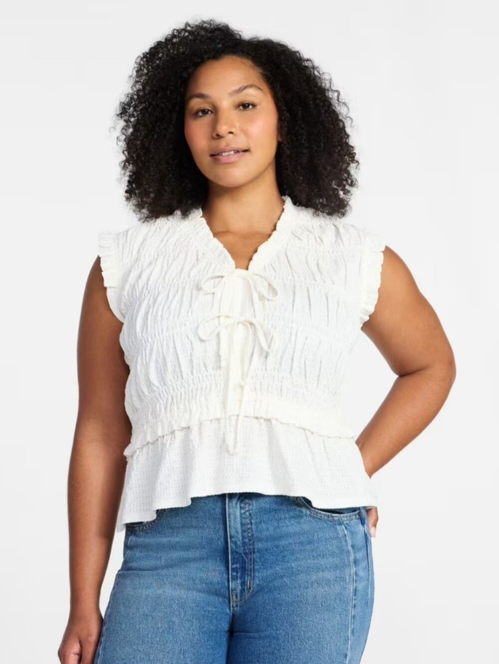 Cream Time and Tru Textured Double Tie Top Extra Large Peplum Blouse